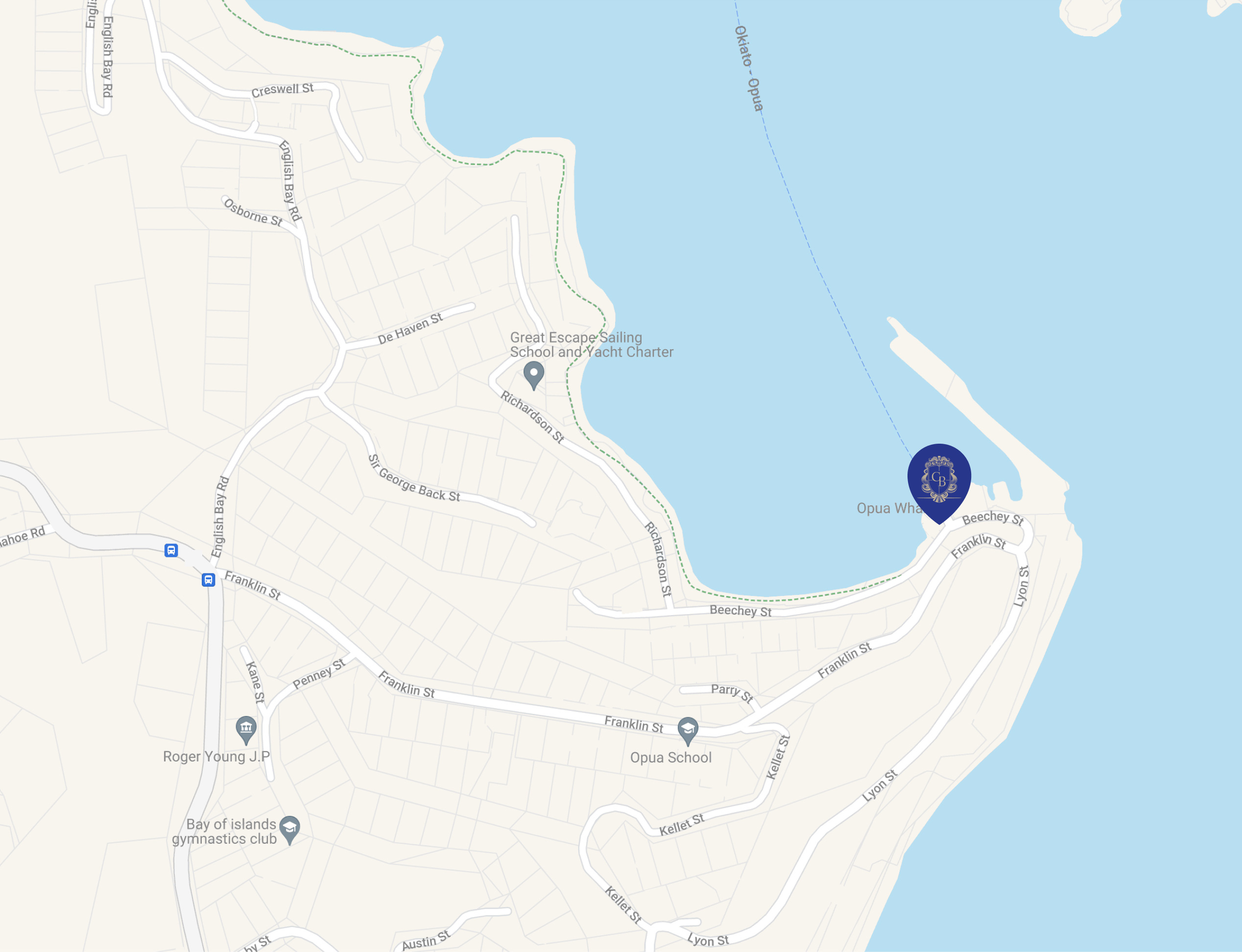 Map of The Boathouse Accomodation, at waters edge near Opua Wharf in Northland.